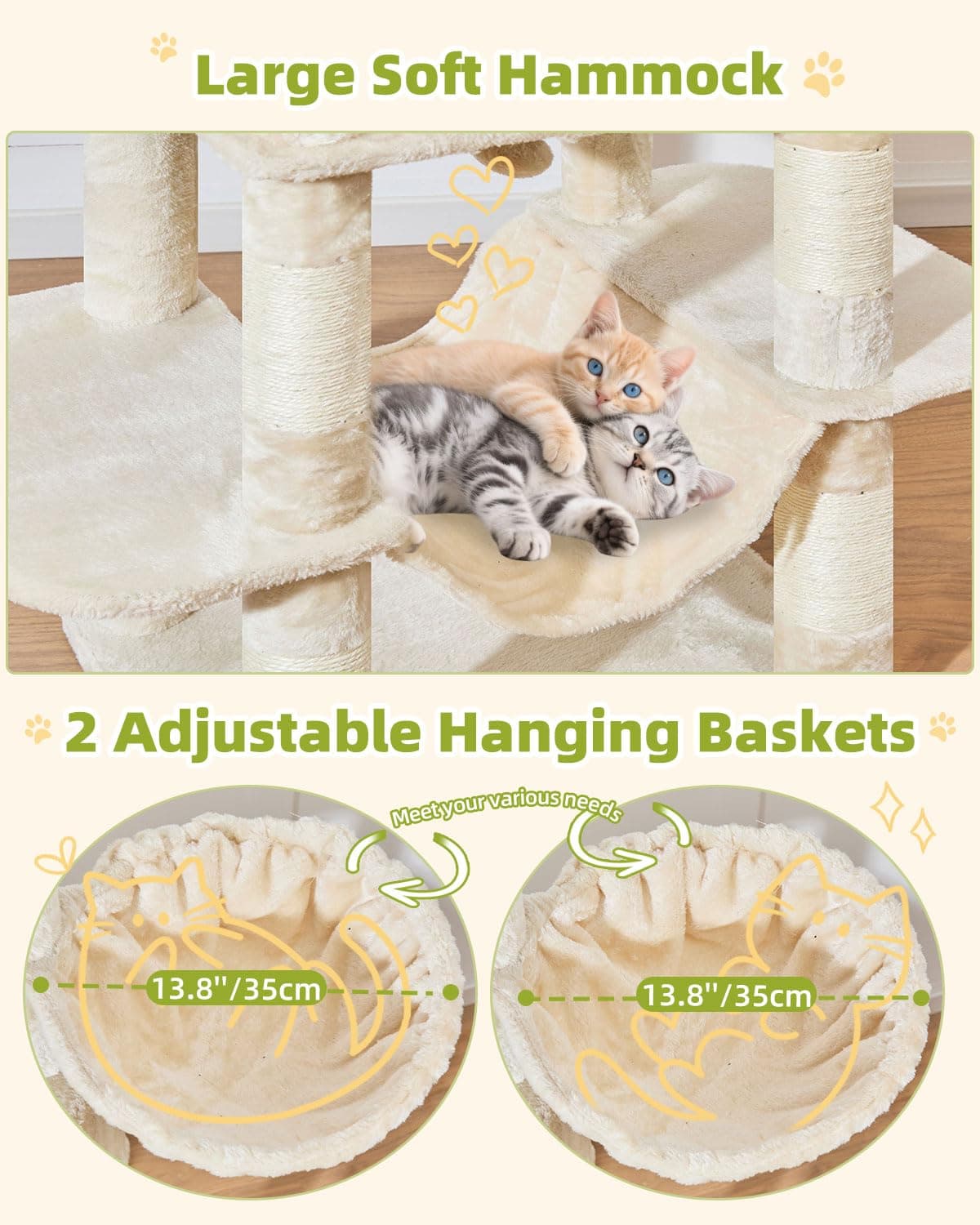 Taoqimiao Rascador para Gatos Grandes, 193cm Arbol Rascador para Gatos com 2 Espacioso Cuevas, 2 Cesta, Hamaca MS046M Beige — view 4