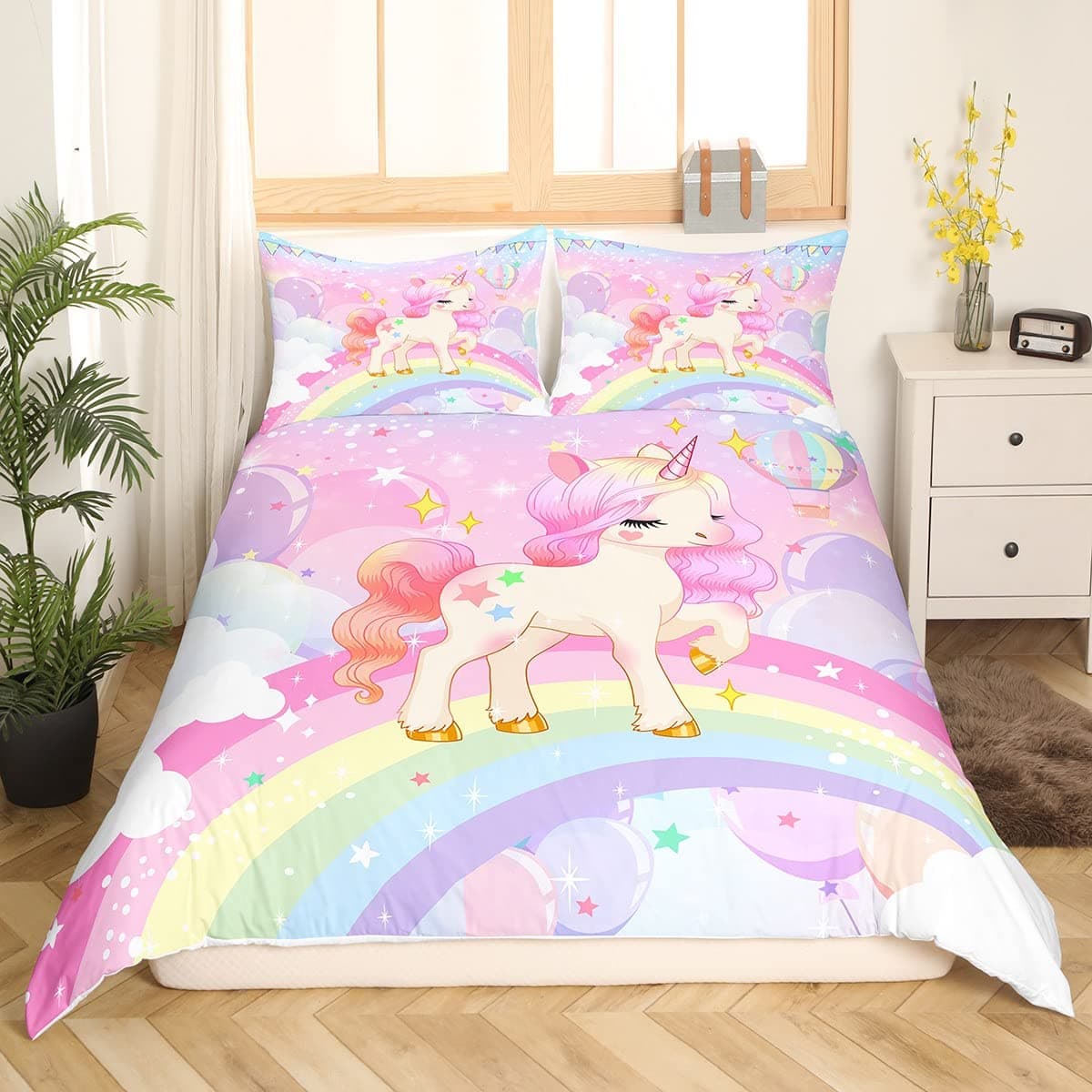 Loussiesd Juego de cama para niñas, diseño kawaii de unicornio y arcoíris, funda nórdica de dibujos animados, galaxia, estrellas, animales, 1 funda de almohada, tamaño individual — view 4
