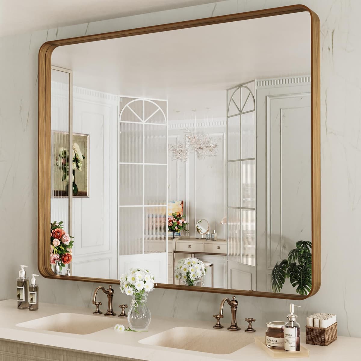 LOAAO 48”X36” Gold Bathroom Mirror, Rounded Rectangle Gold Frame Mirror, Brushed Gold Bathroom Vanity Mirror Wall-Mounted, Anti-Rust, Tempered Glass, Hangs Horizontally or Vertically — view 64