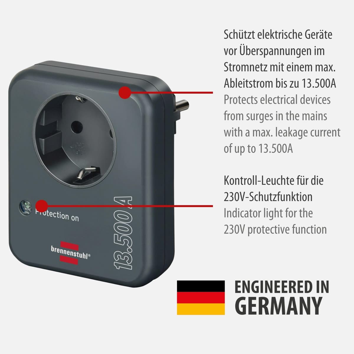 Brennenstuhl adaptador de enchufe con protección contra sobretensiones hasta 13.500A (protector de sobretensión, adaptador para toma de tierra, enchufe de protección antirayos) antracita — view 2