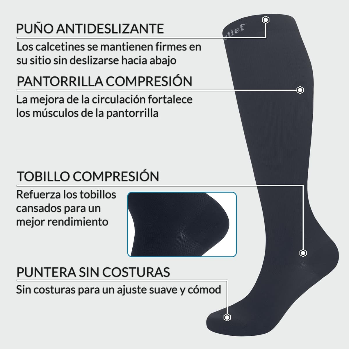 360 Relief Medias de Compresión Mujer y Hombre - 1 Par Calcetines de Compresión para Deportes, Correr, Volar, Viaje, Trabajo, Footing - S/M Beis con Bolsa de Malla — view 7