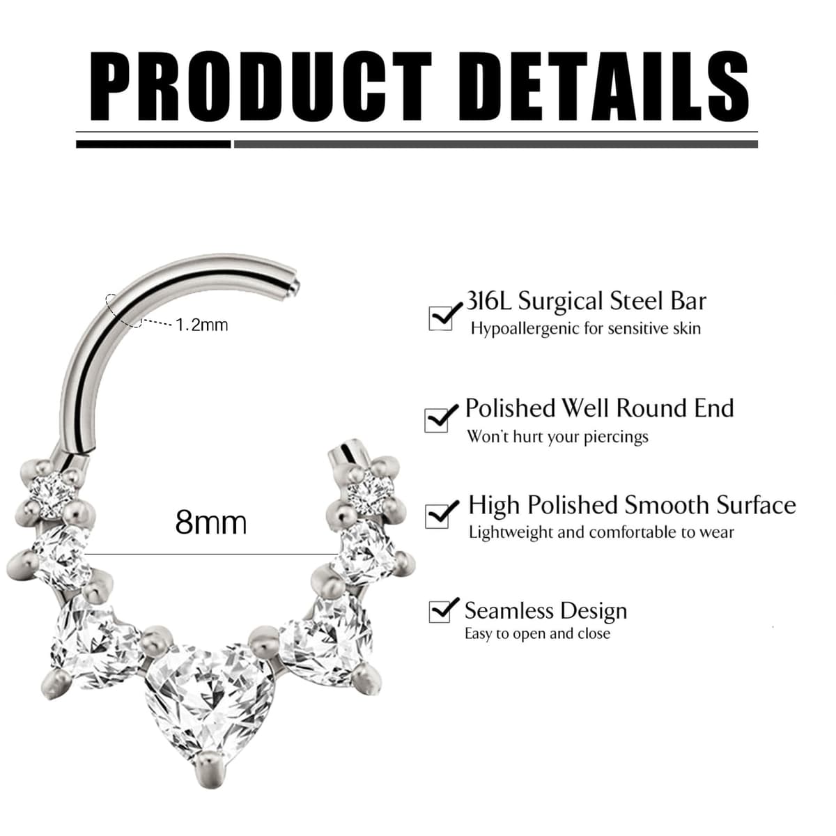 MIYUEFAN Piercing para la nariz para mujer, acero inoxidable, oro y plata, piercing para la nariz, hélix, septum, tragus, conch, piercing labial, nariz, anillos, circonitas, 8 mm/10 mm — view 5