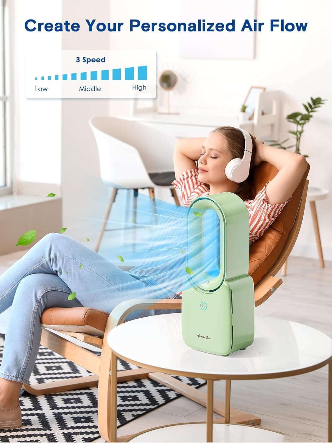 let'me Bladeless Desk Fan Small Quiet, 5-Speed Bedside Table Fan, 72° Oscillation, 9-Hour Timer, Wired Power with Adapter, Fan for Bedroom Office Home, 13x5 Inch — view 4
