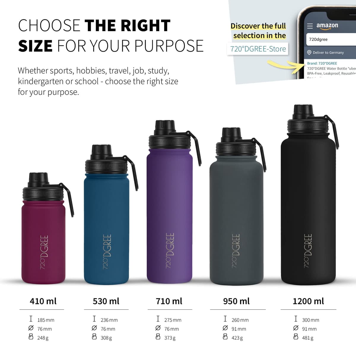 720°DGREE Botella Agua Termo Acero Inoxidable “noLimit“ – 410ml, 530ml, 710ml, 950ml, 1200ml - Sin BPA Free, Antigoteo y Prueba de Fugas - Frasco térmico, Cantimplora Aislada +Cubierta Deportes Gratis — view 3