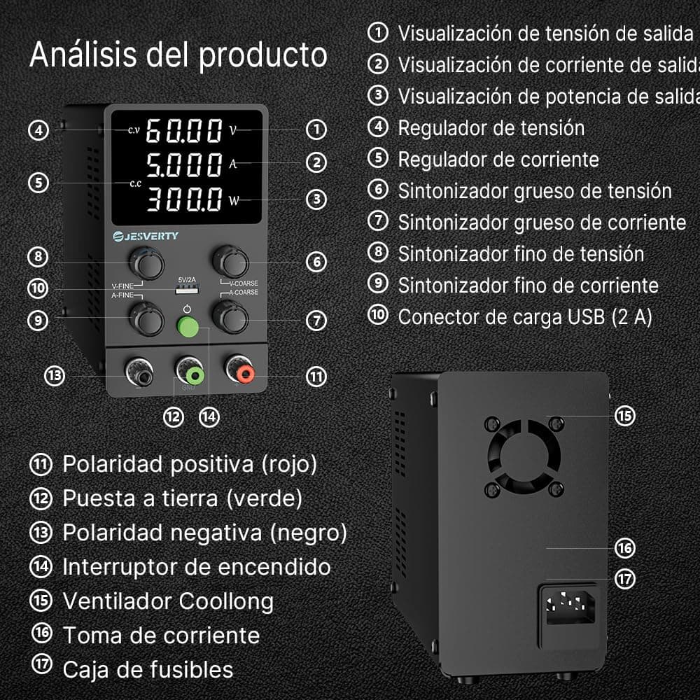 Fuente de Alimentación Regulable 60V 5A DC Fuentes de Alimentación de Laboratorio Fuente de Alimentacion de Banco Ajustable Pantalla LED de 4 Dígitos Jesverty SPS-6005N — view 3