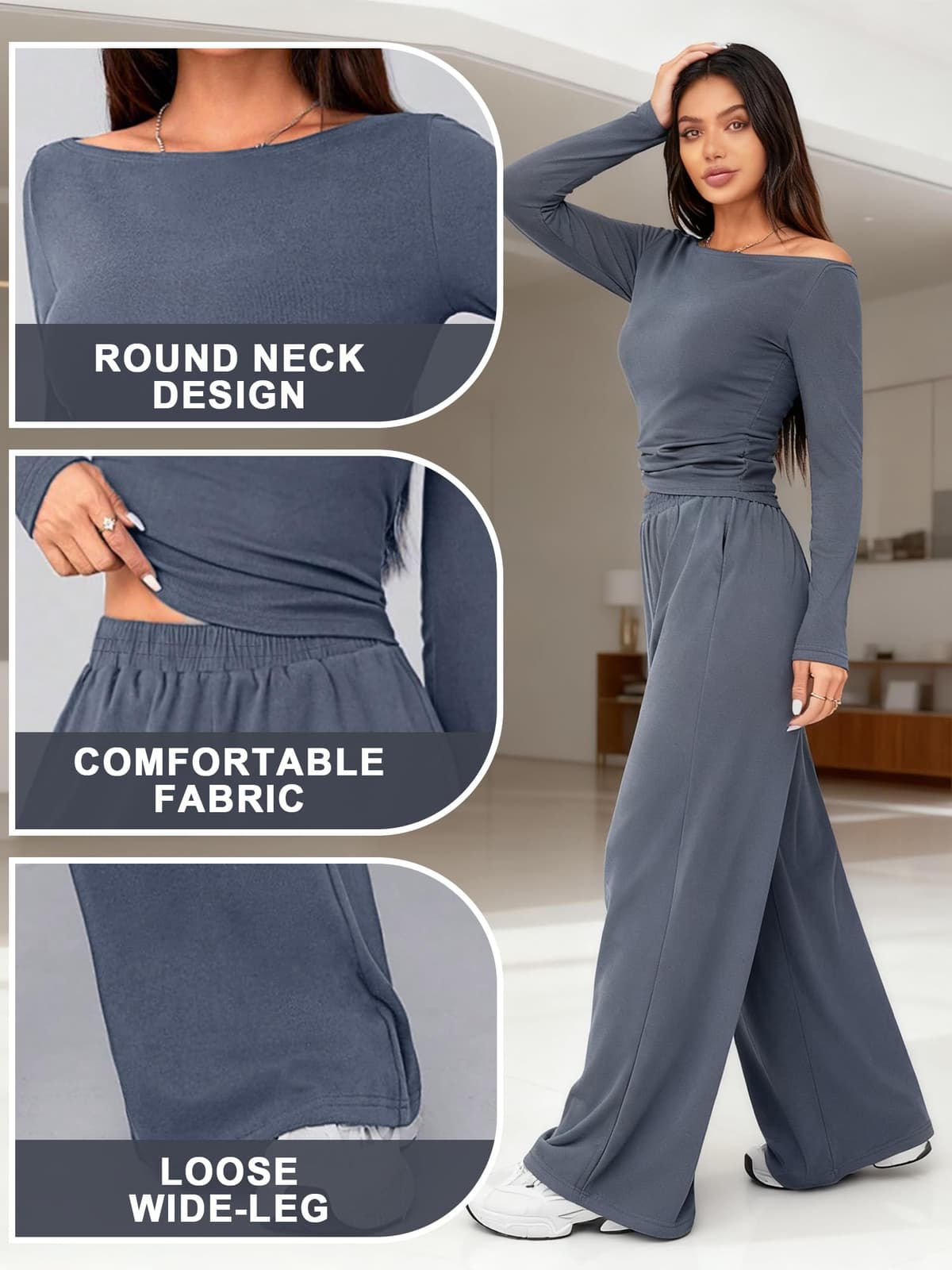 Conjunto deportivo de 2 piezas para mujer, de manga larga, pierna ancha, informal, a juego — view 4