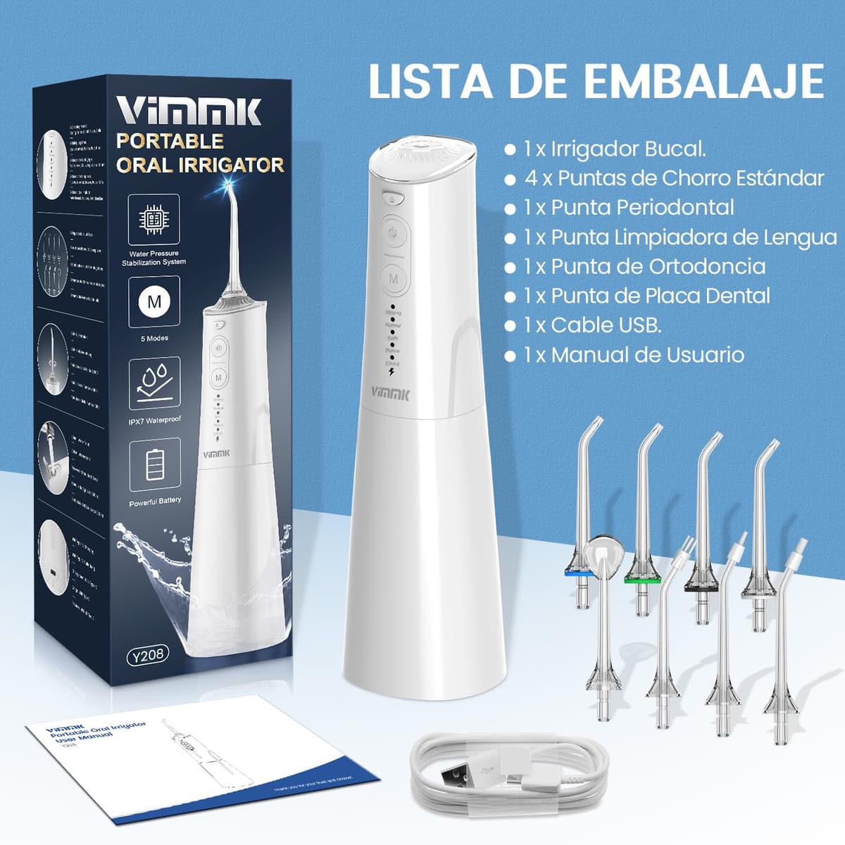 Irrigador Bucal Portatil, Vimmk Irrigador Dental Inalámbrico Profesional 8 Boquillas 5 Modos, IPX7 Impermeable 300ML USB-C Recargable Para Limpieza Dientes, Para el Hogar y los Viajes (Blanco) — view 8