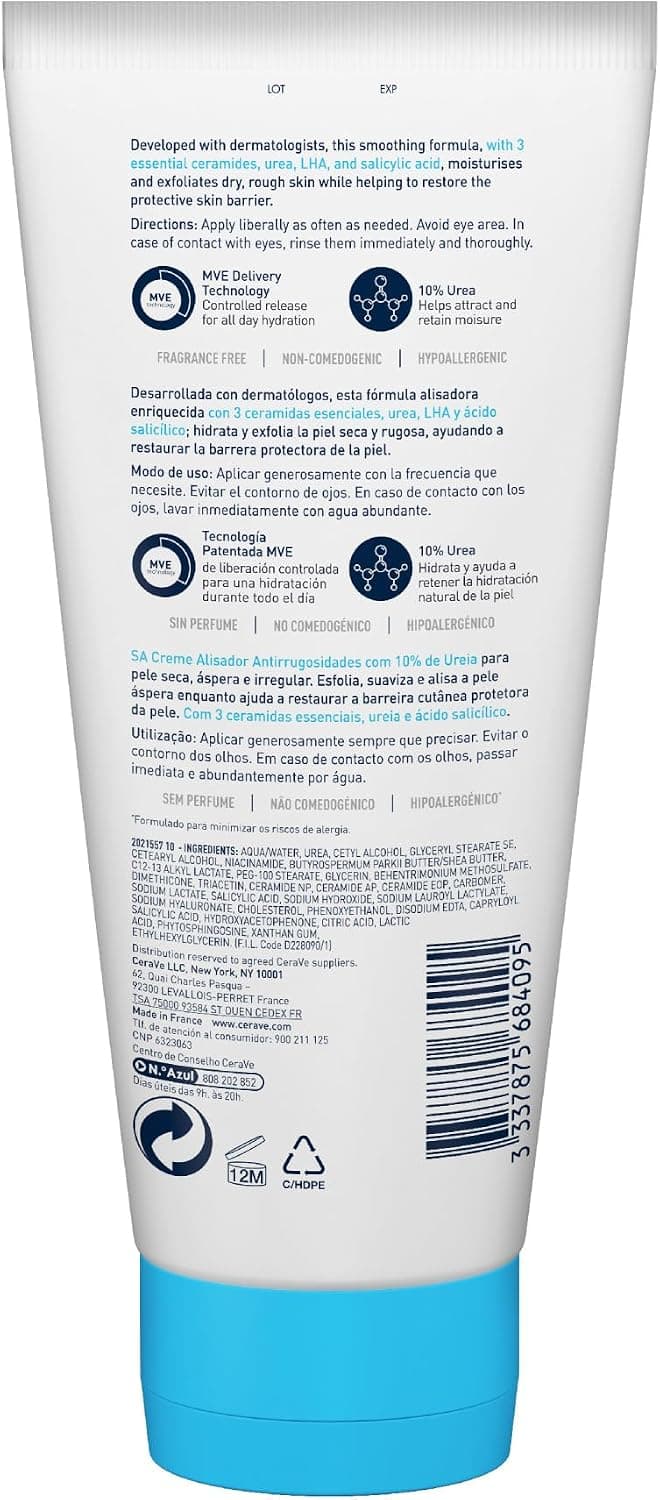 CeraVe SA Anti-Rough Smoothing Cream For Dry, Rough and Imperfected Skin, For Face and Body, Exfoliates and Hydrates, With Ce