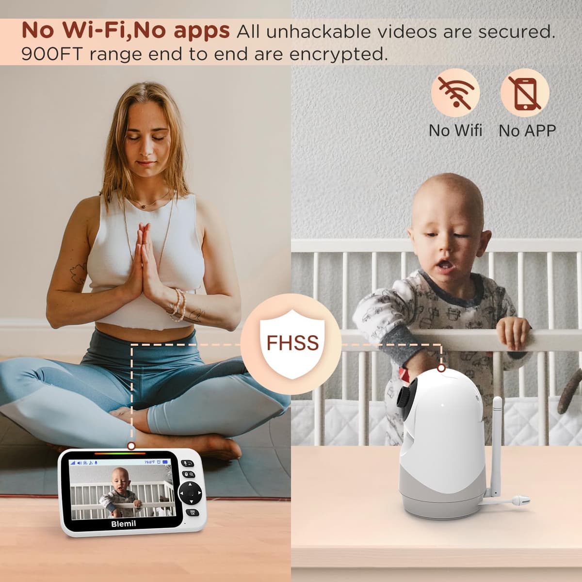 Blemil 5" Split-Screen Baby Monitor with 30-Hour Battery, Large Video Baby Monitor with Camera and Night Vision, Remote Pan/Tilt/Zoom Camera, Two-Way Talk, Lullabies, No WiFi,Up to 1000ft — view 6