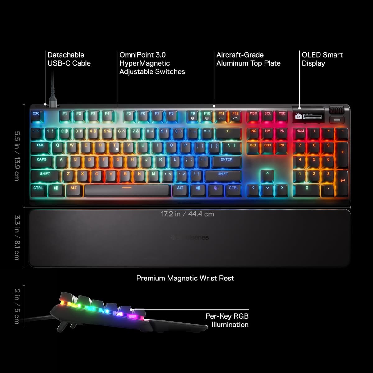 SteelSeries Apex Pro Gen 3 - Gaming Keyboard - Hall Effect Switches; OmniPoint 3.0 - Adjustable Actuation - Game-Ready Presets - Rapid Trigger, Protection Mode, Rapid Tap/SOCD - English QWERTY — view 4