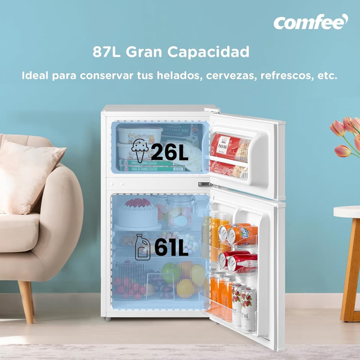 Comfee' RCT87WH2(E) Nevera Congelador de Encimera, Nevera Pequeña de 87L con Luz, Estantes Extraíbles, Termostatos Ajustables, Puertas Reversibles, Blanca — view 5