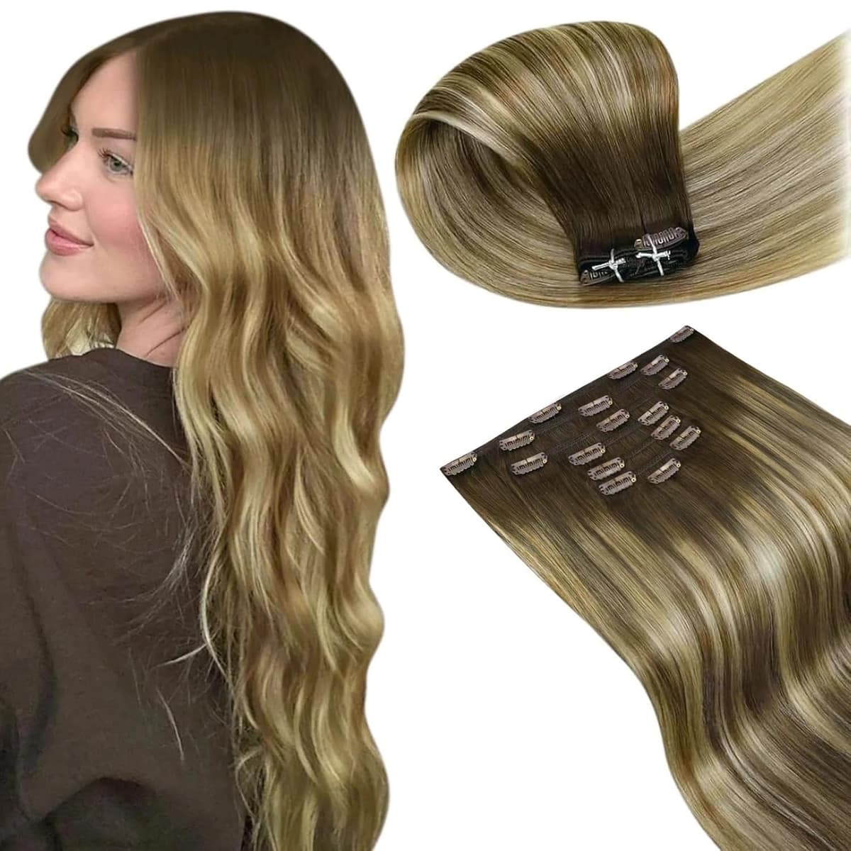 LaaVoo Hair Extensions Clip in Real Human Hair Brown Clip in Hair Extensions Dark Brown Remy Straight Hair Full Head Double Weft 80g 5pcs 14 Inch #4 — view 23