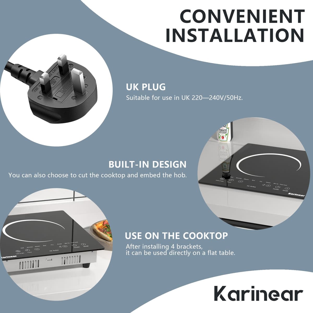 Karinear Double Ceramic Hob, Desktop Plug in 2 Zone Electric Ceramic Hob with LED Display, 4-Hour Timer, 9 Power up to 2800W, Safety Lock — view 6