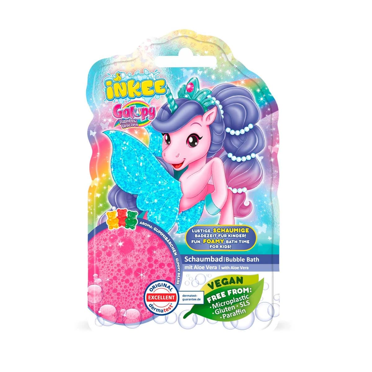 INKEE Kids Colour Changing Bubble Bath – Galupy Unicorn Liquid Gel, Sensitive Skin, Aloe Vera, Gummy Bears Scent, Pink, 40g Sachet - Gift for Kids 3+