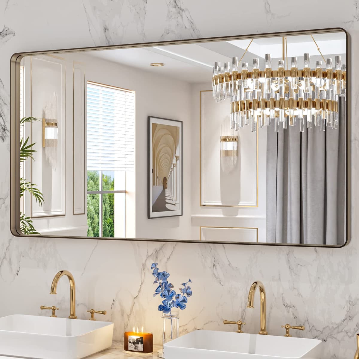 LOAAO 48”X36” Gold Bathroom Mirror, Rounded Rectangle Gold Frame Mirror, Brushed Gold Bathroom Vanity Mirror Wall-Mounted, Anti-Rust, Tempered Glass, Hangs Horizontally or Vertically — view 83