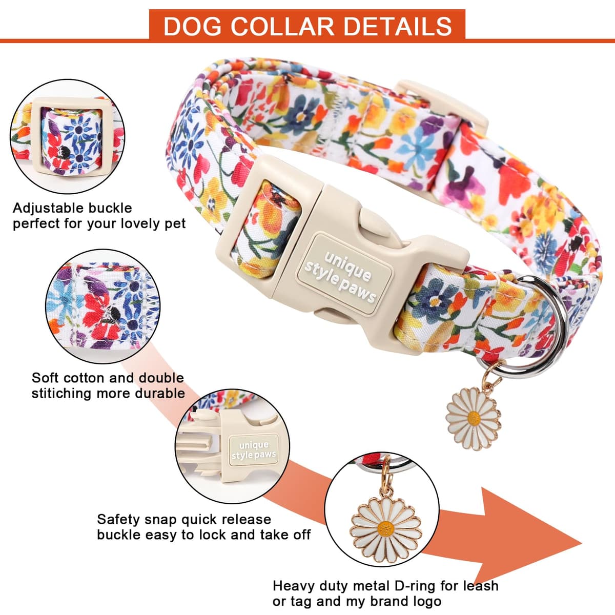 Unique style paws Dog Collar Quick Release Cotton Colorful Flower Collar Gift Durable Cute Collar for Small Medium Large Boys Girls Dogs — view 3