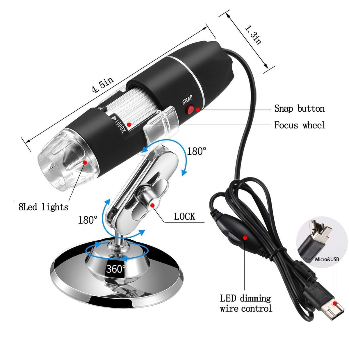 Jiusion 40 A 1000 x endoscopio, 8 LED USB 2.0 Digital Microscopio, Mini cámara con OTG Adaptador y Metal Soporte, Compatible con Mac Windows 7 8 10 11 Android Linux Chrome — view 3