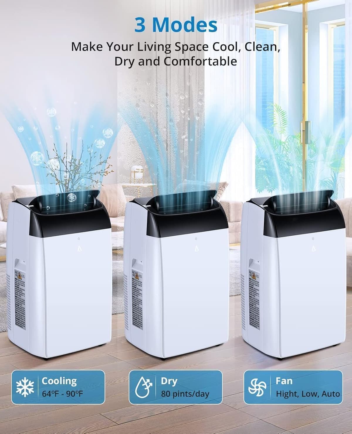Aire acondicionado portátil 10000 BTU, 3 en 1 Refrigeración hasta 45-50 m², Deshumidificador y Ventilador, Extra Silencioso, Temporizador 24h, Incluye kit Completo de Ventana — view 3