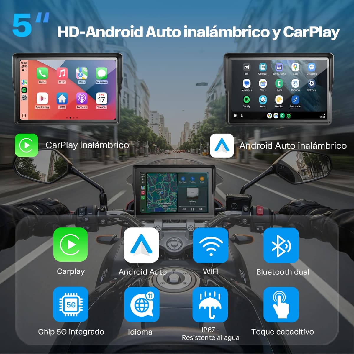 WonVon 5 Pulgadas CarPlay para Motocicleta Sistema de Navegación GPS con Apple CarPlay y Android Auto Pantalla Portátil con Doble Bluetooth, Navegación, Siri, Asistente de Google — view 2
