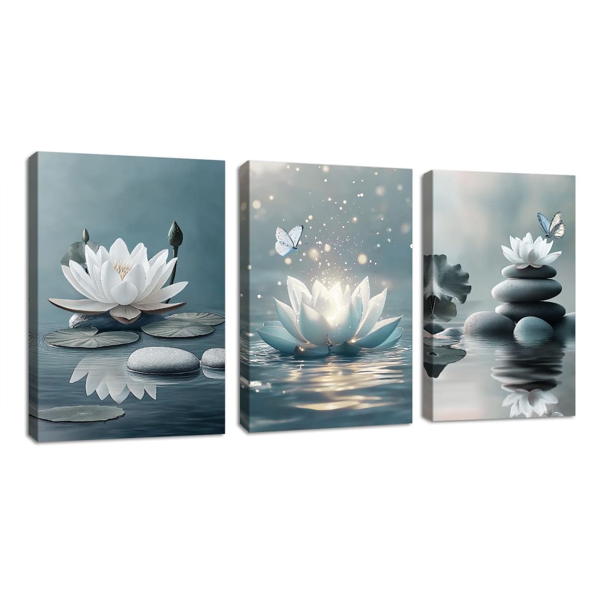 3Pcs Blue Grey Zen Canvas Wall Art, White Lotus Flowers Butterfly Meditation Spiritual Wall Paintings White Lotus Blooming on Stones in Lake Wall Pictures Room Decor for Yoga Spa Room Decor 30x40cmx3 — view 11