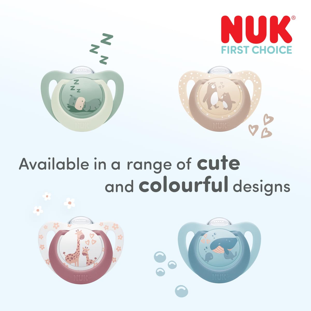 NUK First Choice Baby Dummies | 0-6 Months | Orthodontic Soothers | Soothes 99% of Babies** | Bear & Seahorse | 2 Count — view 5