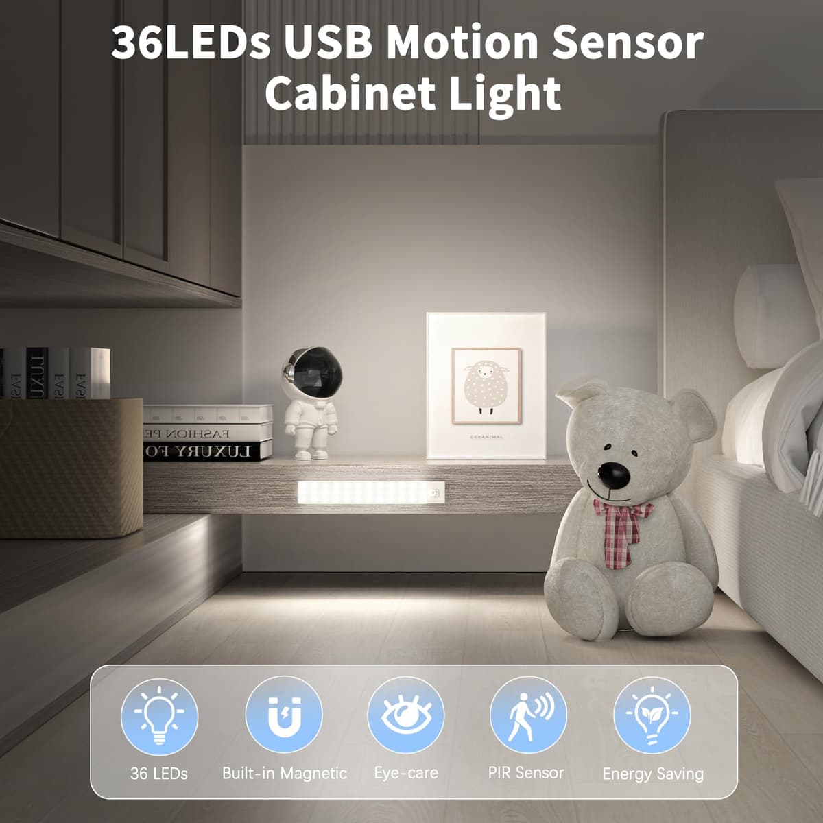 OUILA Luz LED Armario Magnética con Sensor Movimiento Blanco Natural 5000K 36 LEDs 4 Modos Luz LED Adhesiva USB Recargable 1000mAh Luce para Cocina, Armario, Escalera, Pasillo, Garaje-2 Piezas — view 3