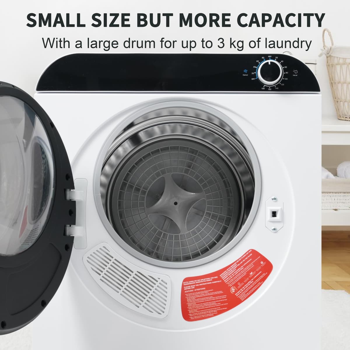 Secadora de Evacuación 4,5 kg con 4 Programas, Carga Frontal Secadora de Ropa 830 W, Montable en la Pared Secadora de Ropa con Tambor Inox, para Piso, Casa, Mobil Home, 59x49x43,5 cm, Blanco — view 3