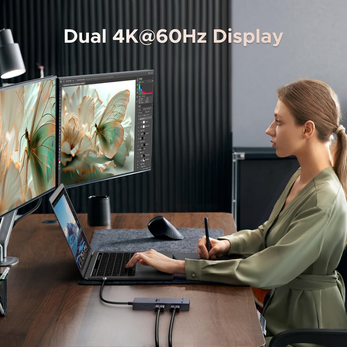 UGREEN Laptop Docking Station Dual Monitor, Revodok Pro 7-in-1 USB C Hub, Dual 4K@60Hz with 2 HDMI, 4x 10Gbps USB-A/C Data Ports, 100W PD, Aluminum USB-C Dock for Dell, HP, Thinkpad Laptops and More — view 3