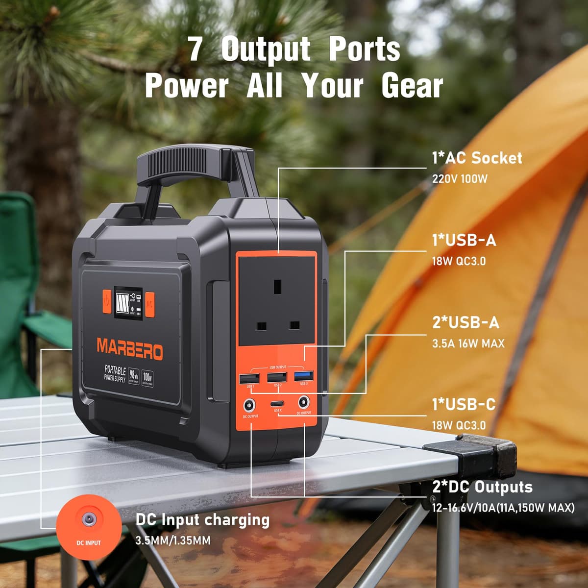 MARBERO Portable Power Station 26,400mAh Large Battery Pack 100W(150W Peak) Power Bank with Plug Socket 220V 97.68Wh Generator LED Light for Outdoor Adventure RV Trip Home Blackout Emergency — view 4