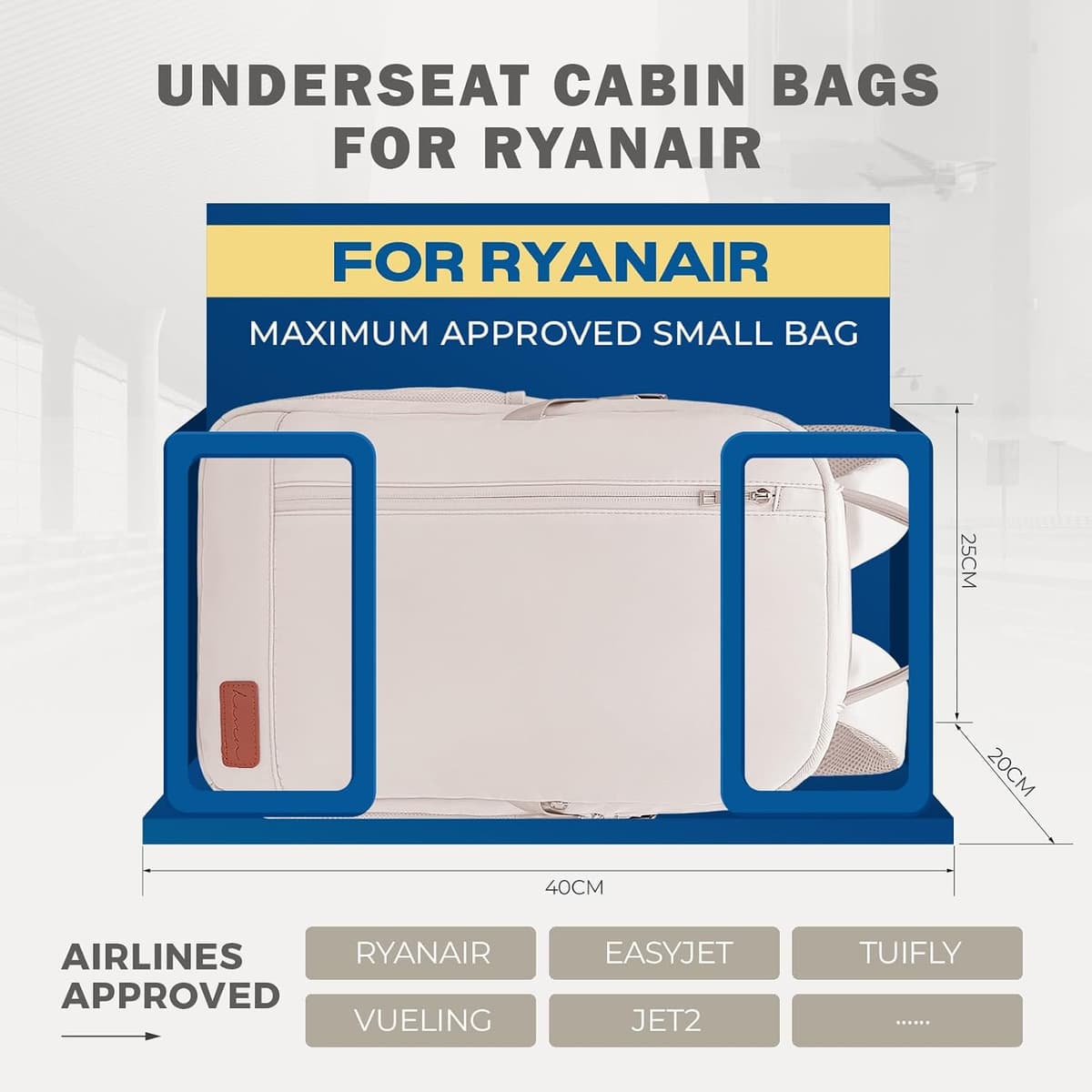 VMIKIV for Ryanair Cabin Bags 40x30x20 Underseat 40x20x25 Carry On Bag for Wizz Air,Small Travel Backpack Cabin Size for Vueling Men Women,Under Seat Hand Luggage for Wizzair Airlines Weekend Beige 40x20x28cm — view 2