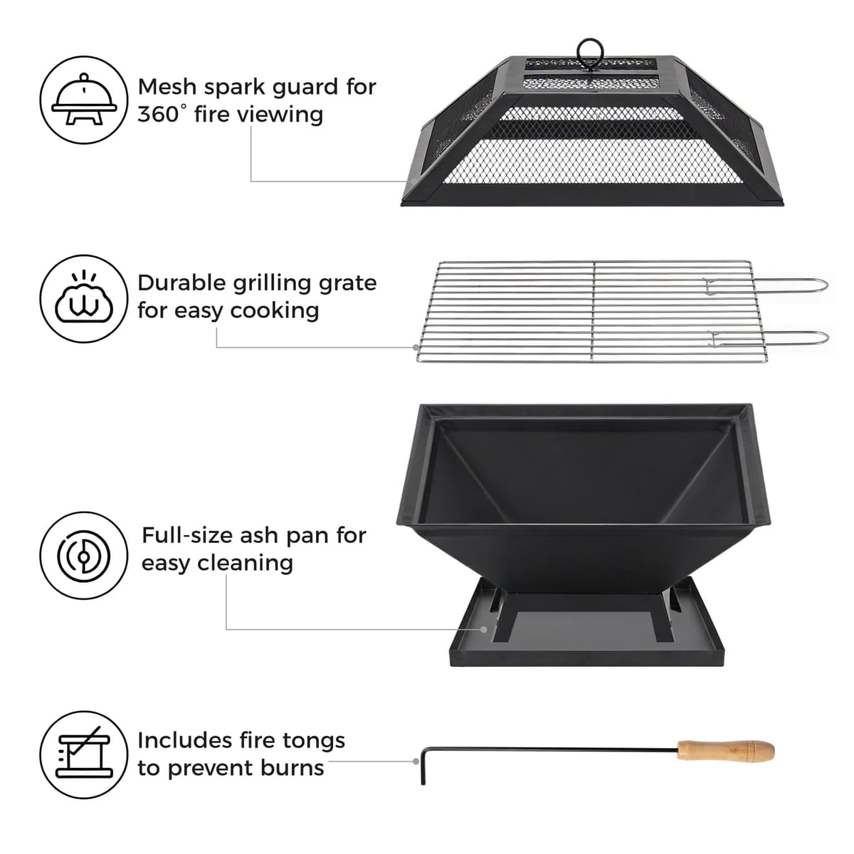 Square Fire Pit with BBQ Grill, Metal Fire Pit BBQ with Mesh Lid & Poker, Outdoor Garden Patio Heater Firepit, Sturdy and Durable Iron Construction - Great for Camping, Picnics or the Garden — view 3