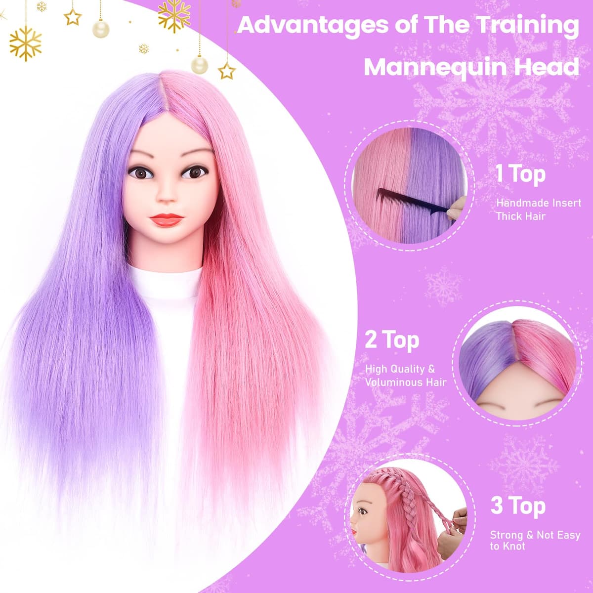 Cabeza de Maniquí, TopDirect 66cm/26" 50% Cabello Real Practicas Formación Muñeca de la Cosmetología para Peluquería, Cabeza de Muñeca con Soporte de Mesa + Accesorios de Peinado — view 4