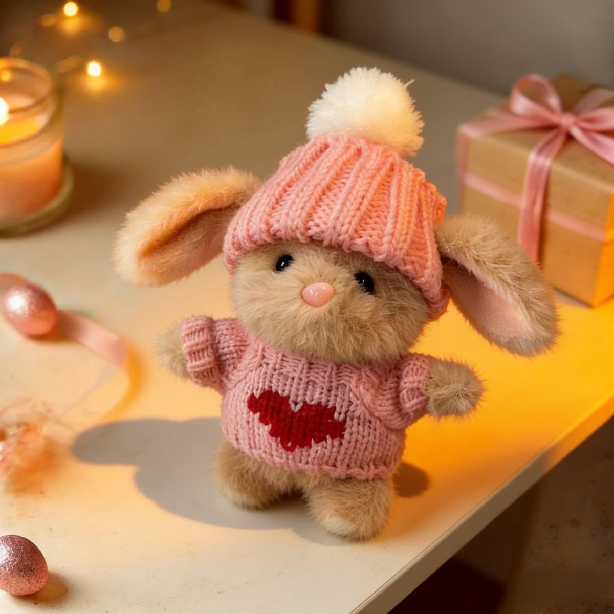 Handmade Mini Plush Bunny with Greeting Card, Soft Stuffed Rabbit, Gift Box for Birthday, Valentine's Day, for Kids and Adults (Blush Pink) — view 2