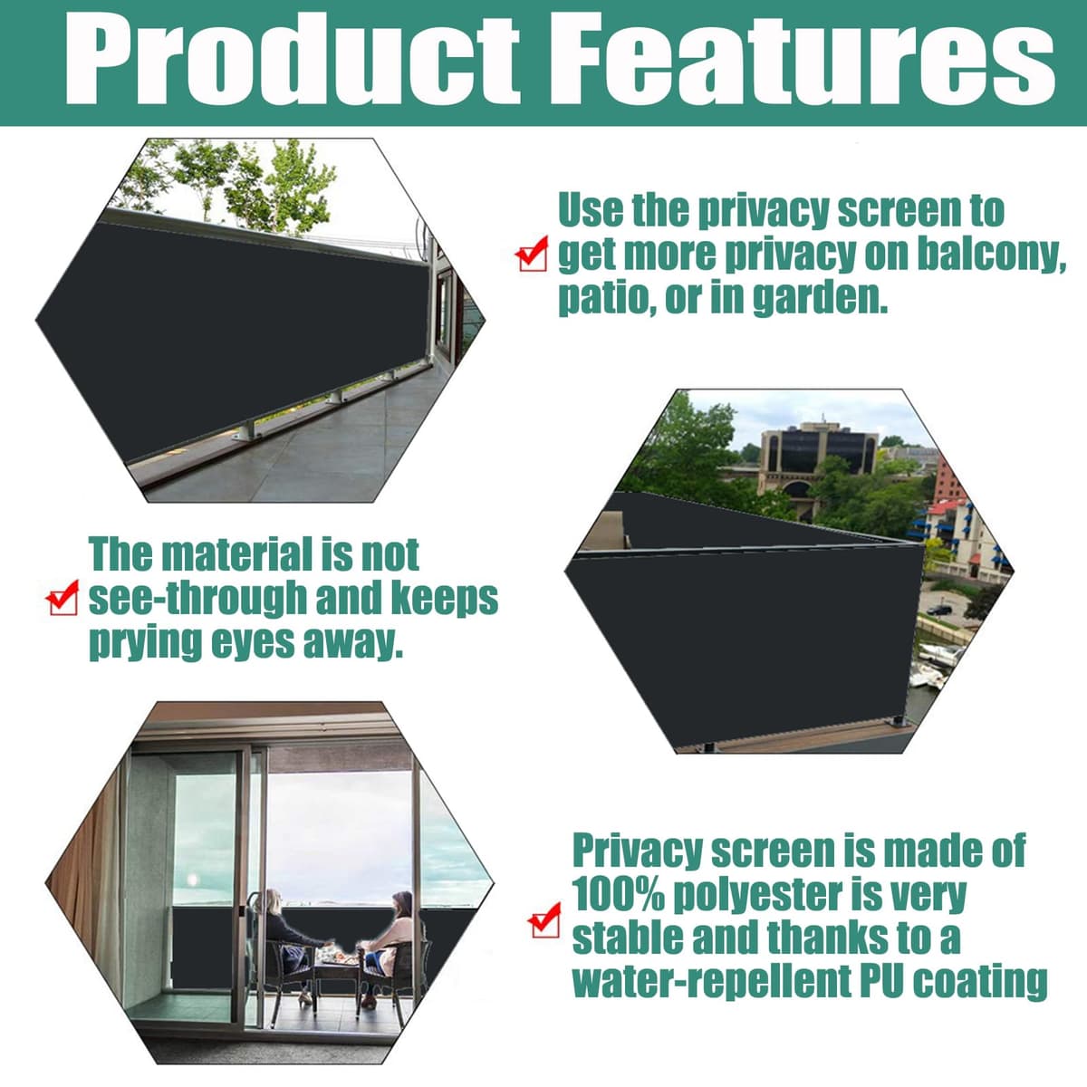 Balcony Privacy Screen for Backyard Deck Patio Balcony Fence Porch Sun Shade PVC UV Protection Sun Wind 8 Days Delivered 11 Colors 195 Sizes 420D Black — view 2