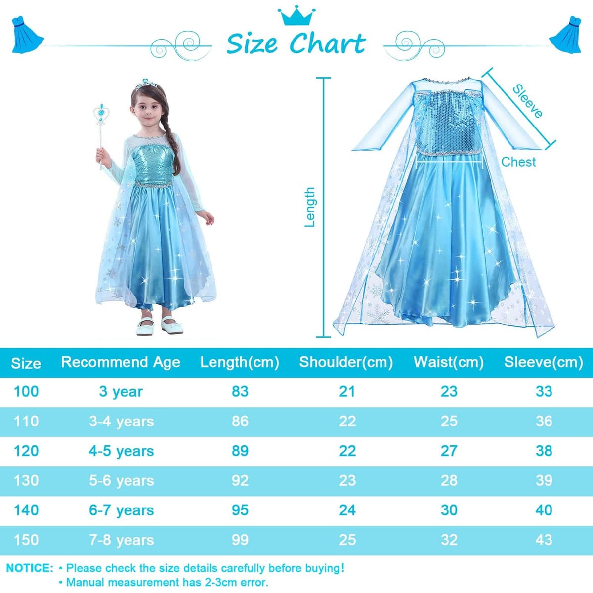 URAQT Vestidos Princesa, Disfraz de Princesa Niña con Accesorios, Traje Princesas Niñas con Capa de Copos de Nieve Brillantes, Disfraz de Halloween para Niña de Cosplay, Cumpleaños, Carnaval — view 5