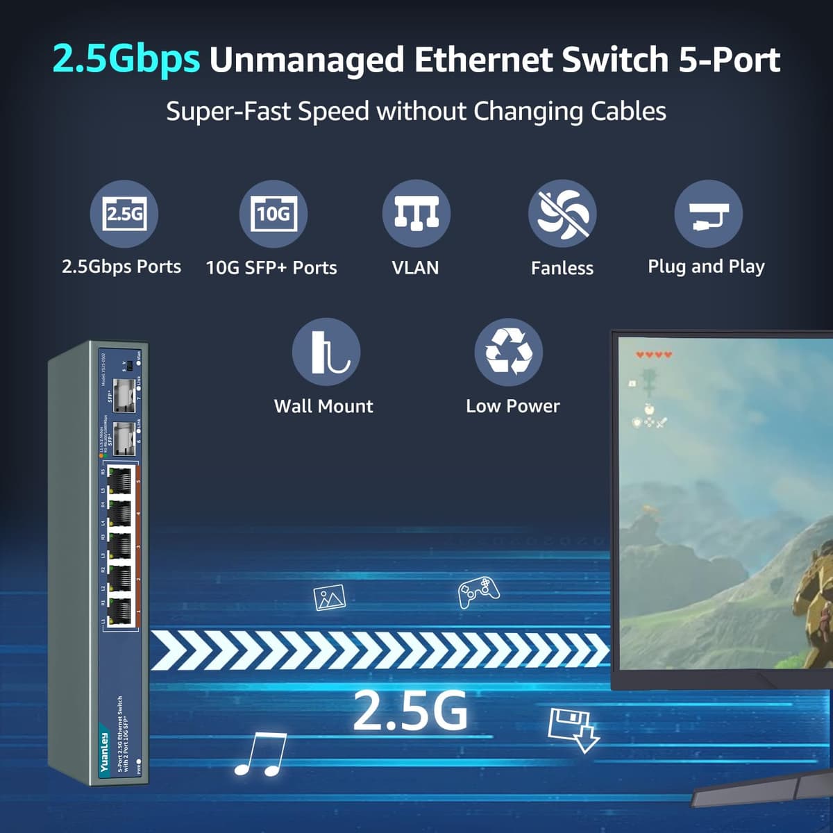 7 Puertos 2.5G Switch Ethernet Umanaged, 5 Puertos 2.5G Base-T, 2 Puertos 10G SFP, Compatible 10/100/1000Mbps, Fanless Pared Conmutador de Red YuanLey 2.5Gbe para Ap Inalámbrico, NAS, PC — view 2
