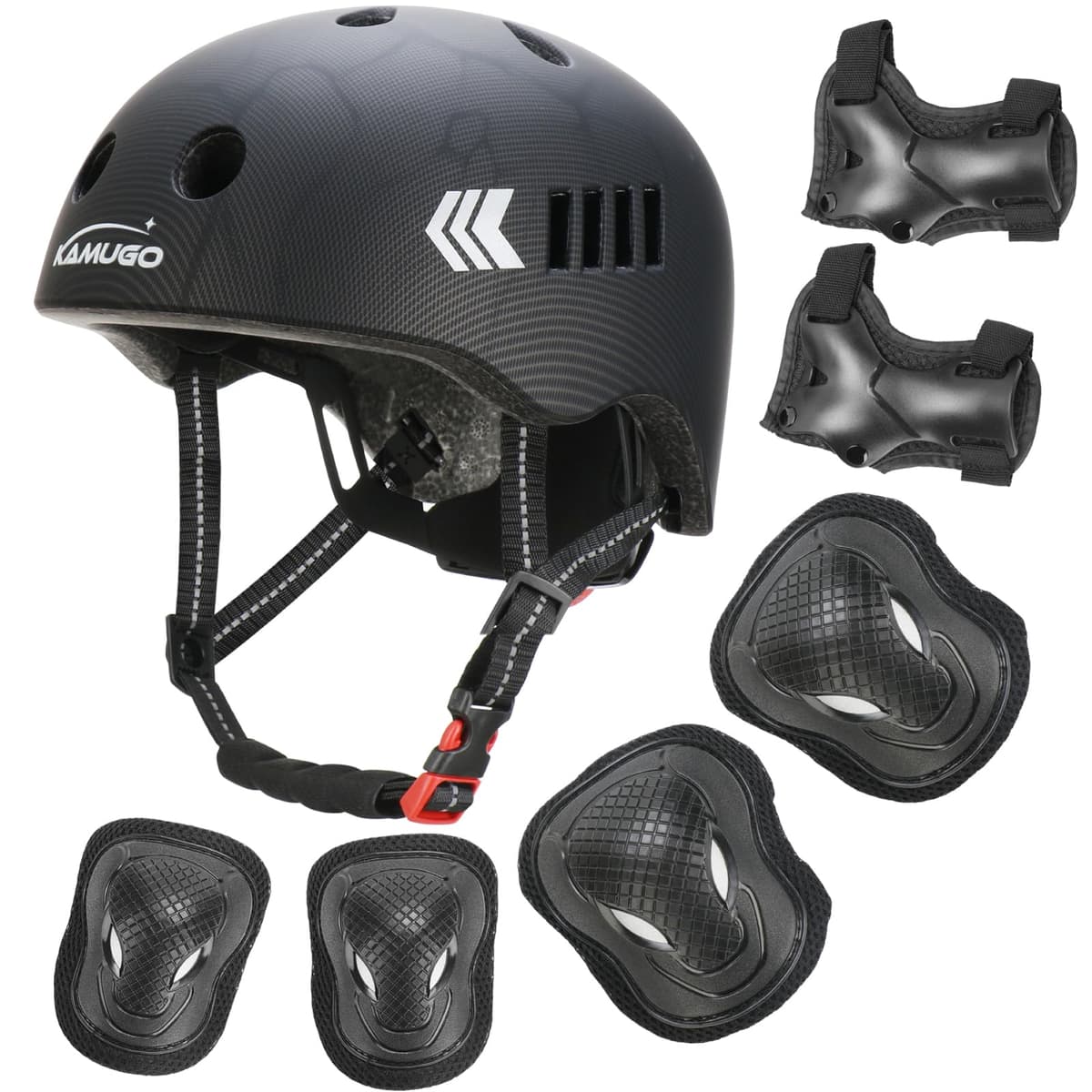 Kamugo Equipo de Protección Ajustable para Niños - Casco, Rodilleras, Coderas, Guantes, Compatible con Bicicleta, Skateboard, monopatín y Otros Deportes Extremos
