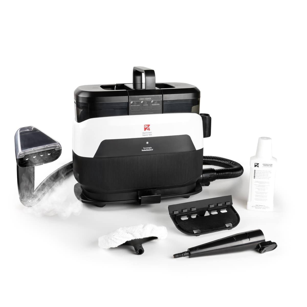 Di4 Aspiroclean Vapore 1650 Limpiador a Vapor, Potencia 1650W, Función Agua Caliente y Vapor, Doble Depósito, Limpiador Vapor Sofá, Alfombras, Tapicerías y Coche, Accesorios Incluidos, Limpiacristales