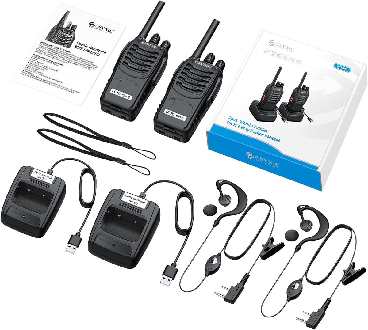 eSynic 2PCS Walkie Talkies de Larga Distancia con Auriculares Walkie-Talkie Profesional 16 Canales 1500mAh con Cargador USB Soporta VOX para Sobrevivir en el Campo Ciclisimo — view 5