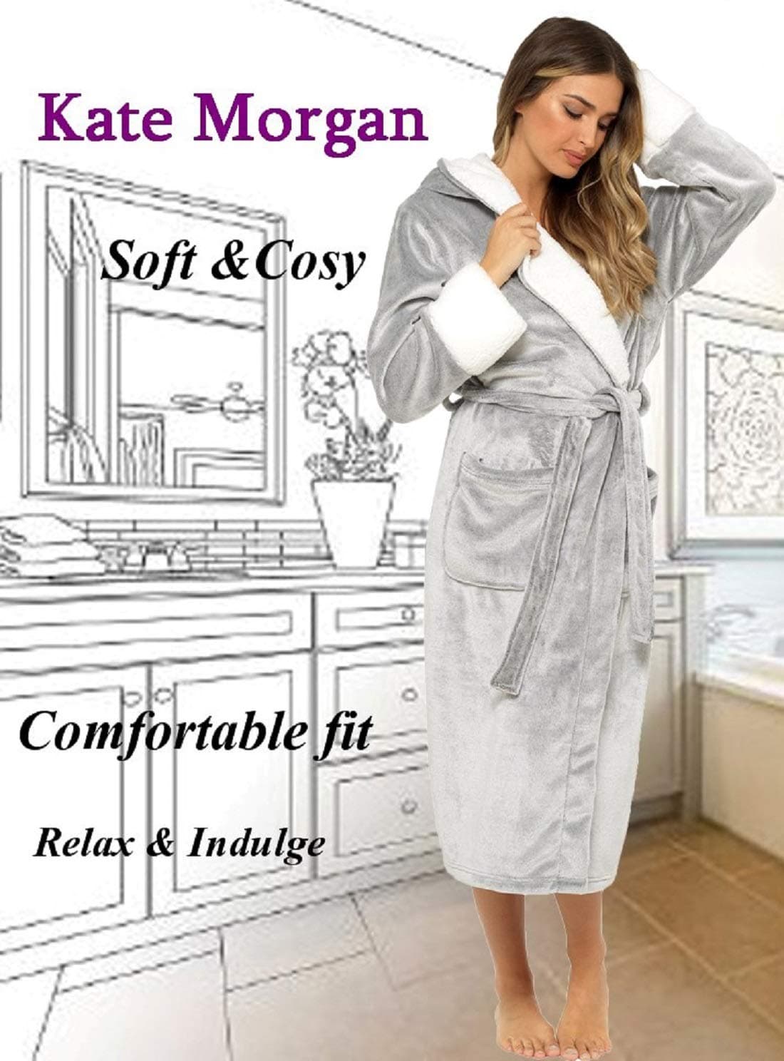 KATE MORGAN Ladies Dressing Gown Fluffy Super Soft Hooded Bathrobe for Women Plush Fleece Perfect Loungewear Long Robe | Gifts for Women — view 6