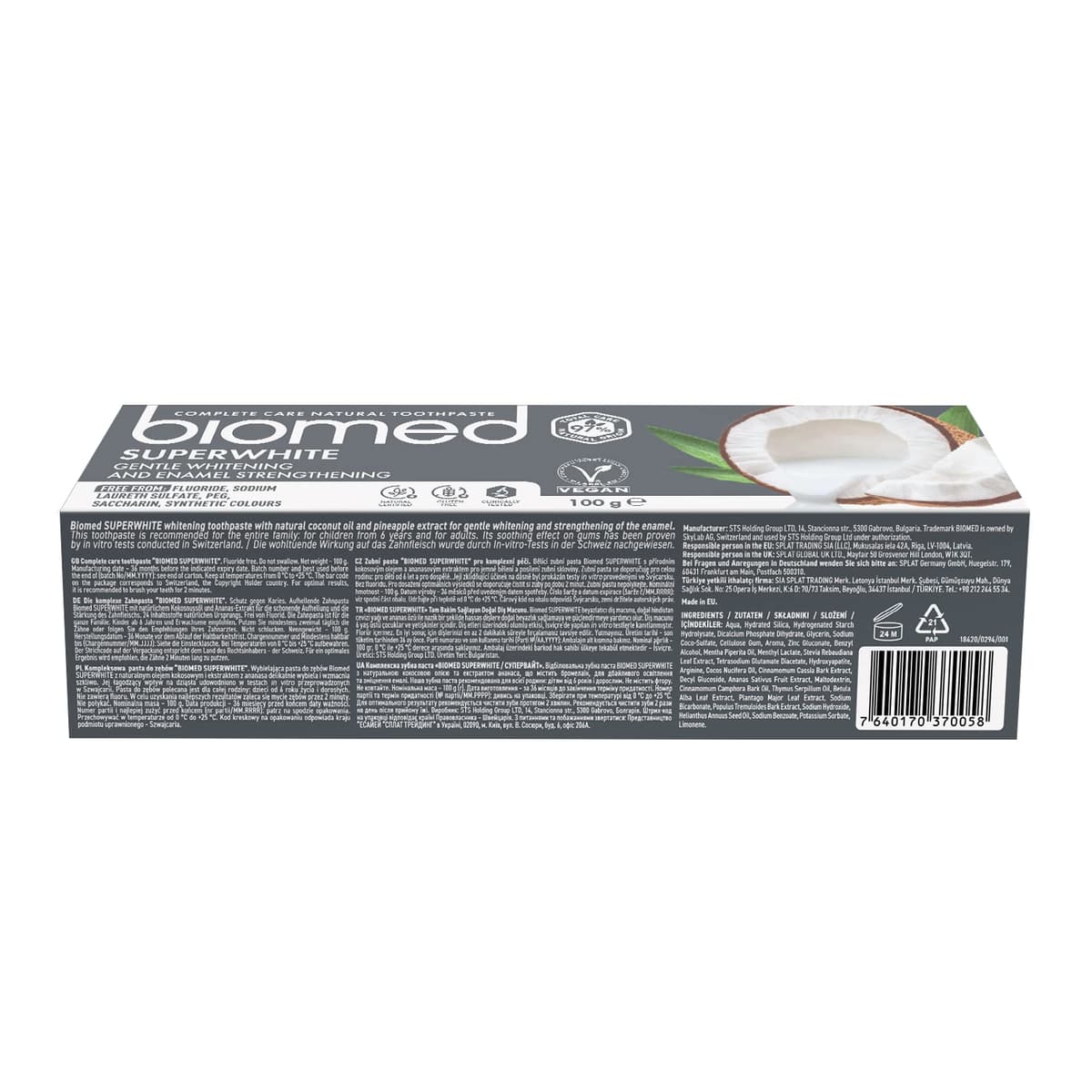Pasta de dientes blanqueadora 97 % natural Biomed Superwhite, Fortalecedora de esmalte, Sabor a coco, apto para veganos, sin SLES 100 g — view 3