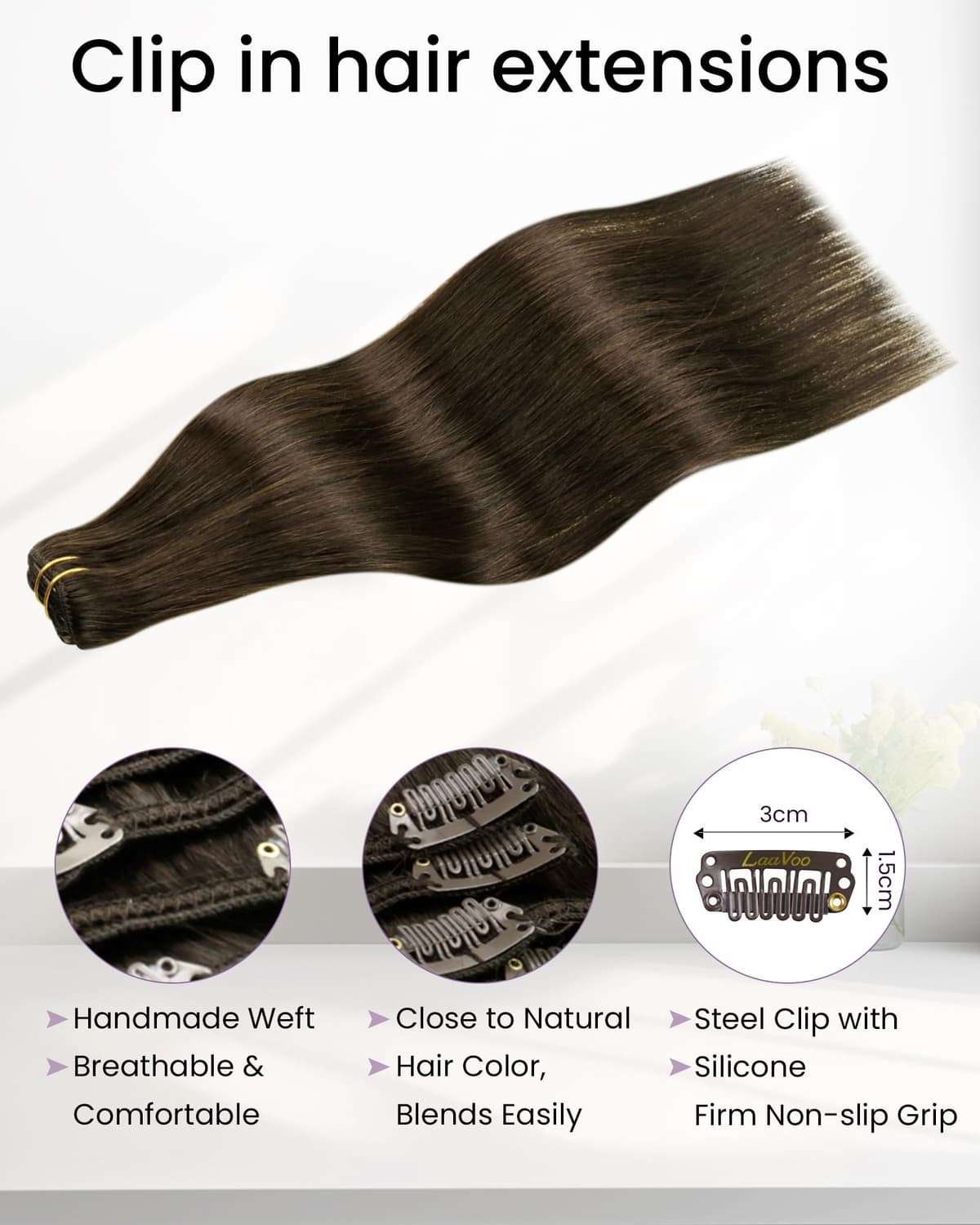 LaaVoo Hair Extensions Clip in Real Human Hair Brown Clip in Hair Extensions Dark Brown Remy Straight Hair Full Head Double Weft 80g 5pcs 14 Inch #4 — view 3