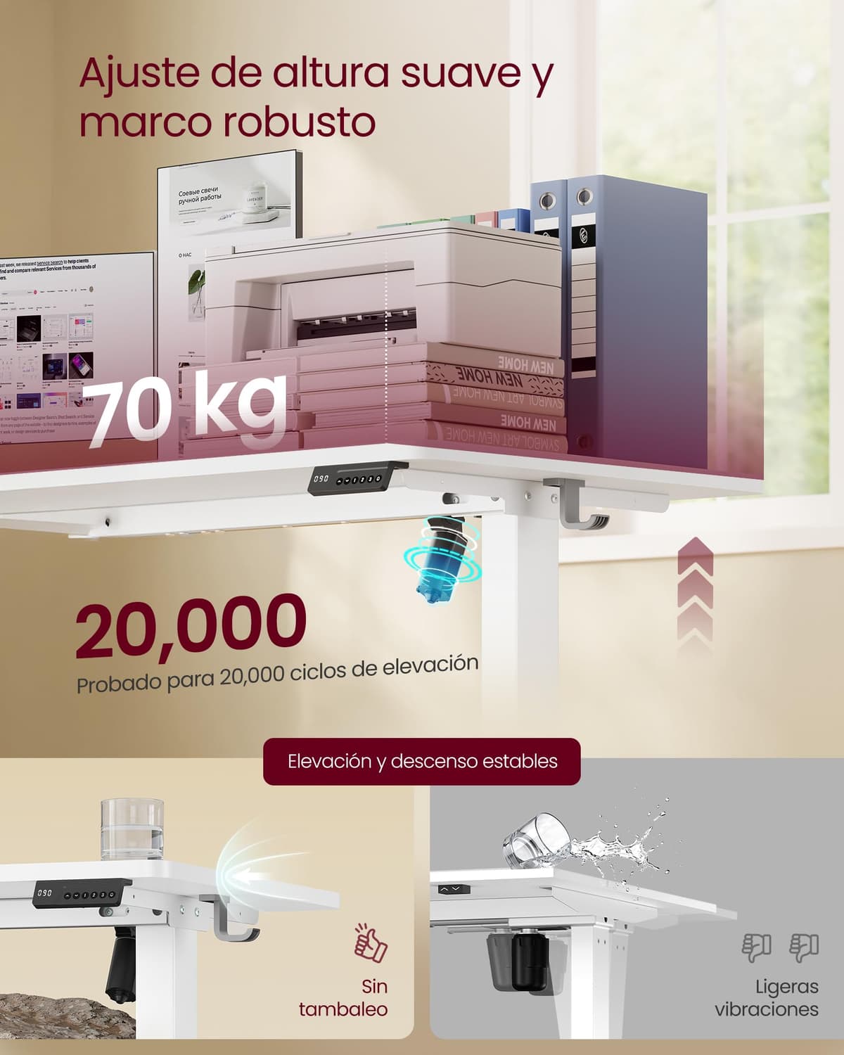 VASAGLE Escritorio Eléctrico Ajustable en Altura, Escritorio para Ordenador, Recordatorio de Sedentarismo, Función de Memoria con 4 Alturas, para Oficina, 140 x 60 cm, Blanco Nube LSD314WZ03 — view 5