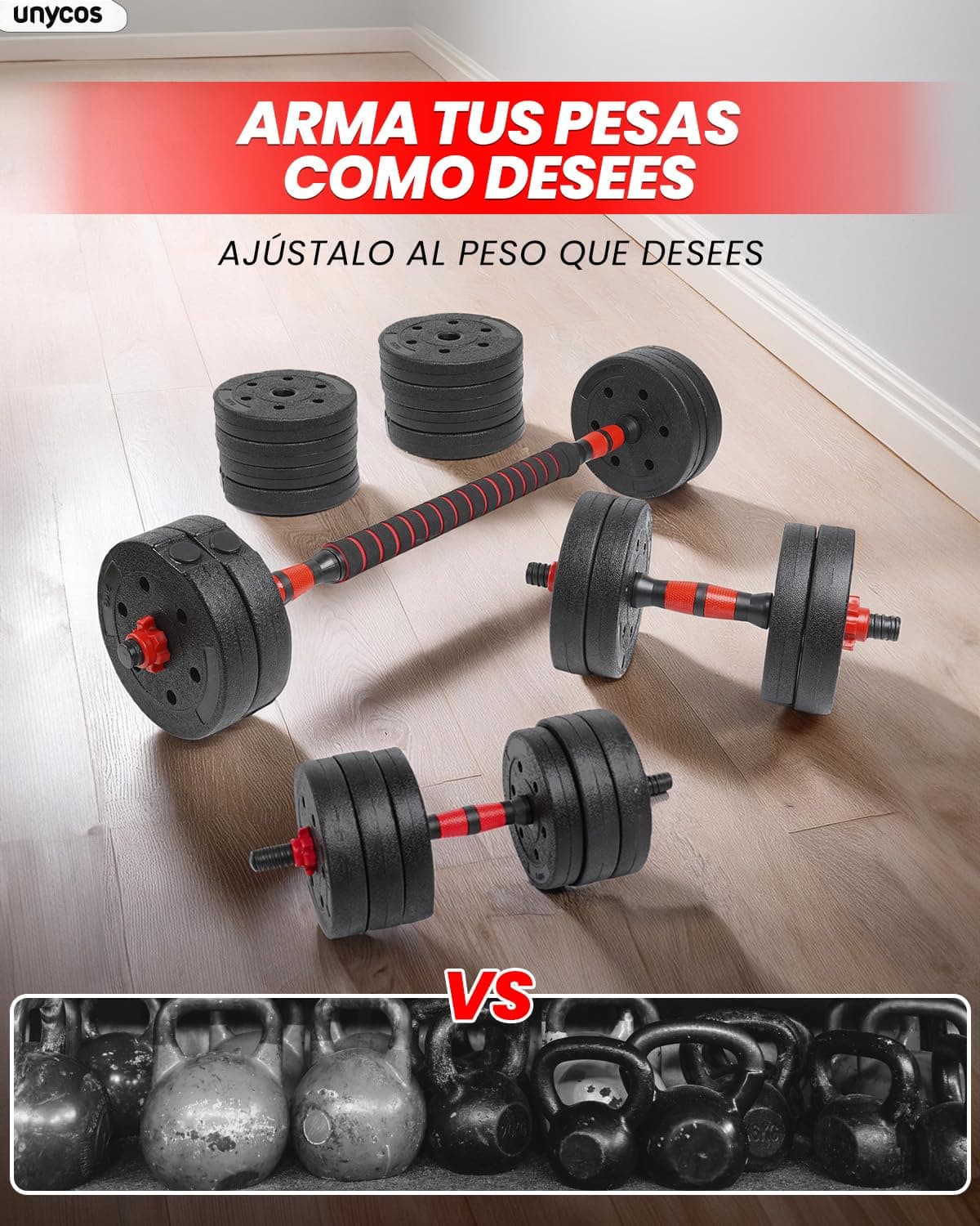 unycos - Mancuernas Ajustables【Discos de Cemento | 10-40 kg】con Barra Recta de Conexión | Pesas Ergonómicas para Hombres y Mujeres, Gimnasio en Casa, Fitness (Red/Orange Transformer) — view 4