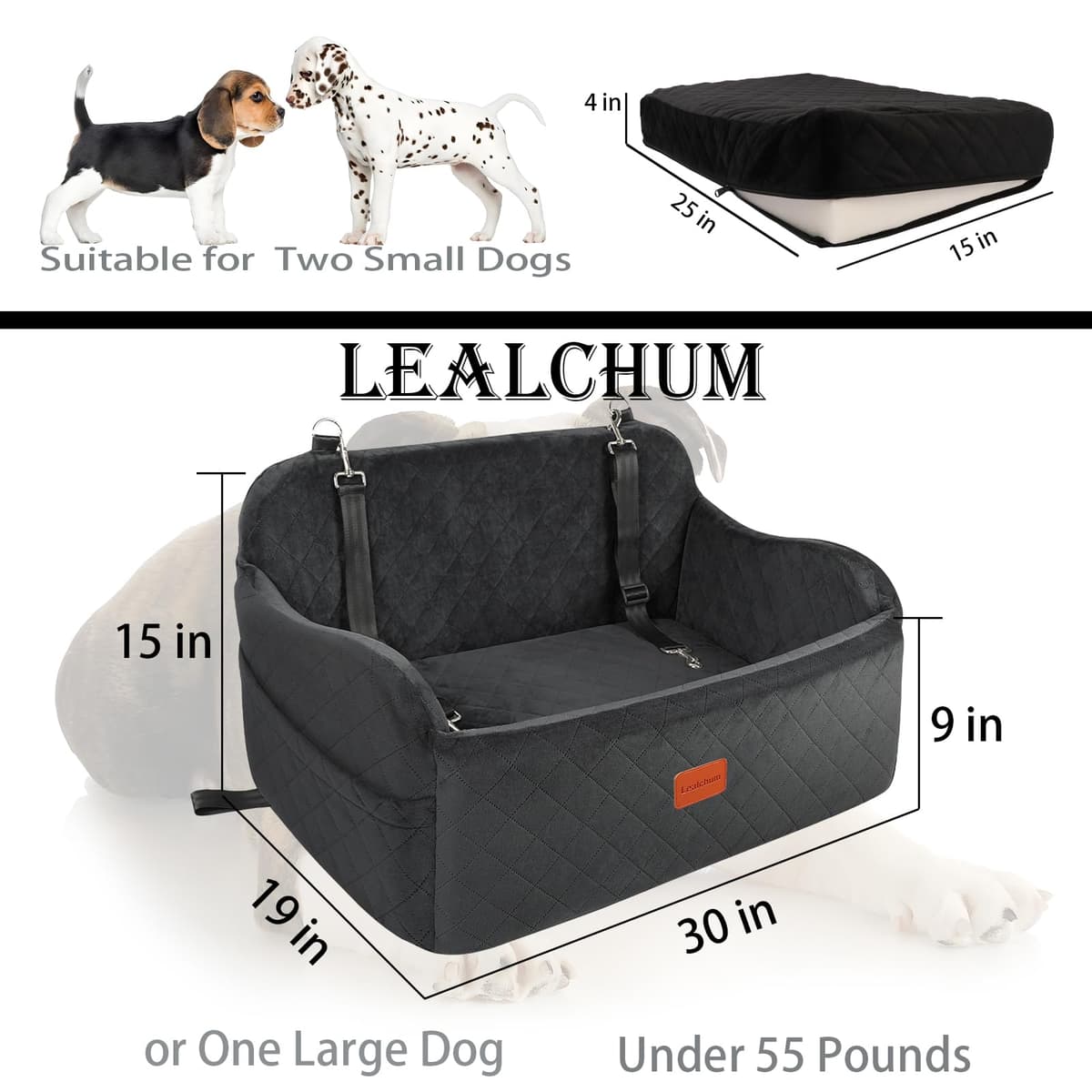 Lealchum Large Dog Car Seat,Memory Foam Cushion Car Seat for 2 Small Dogs,Comfy Vehicle Dog Bed with Side Pocket and 2 Clip-On Safety Leashes,Easy to Install Car Seat for Dogs(Black, Large) — view 2