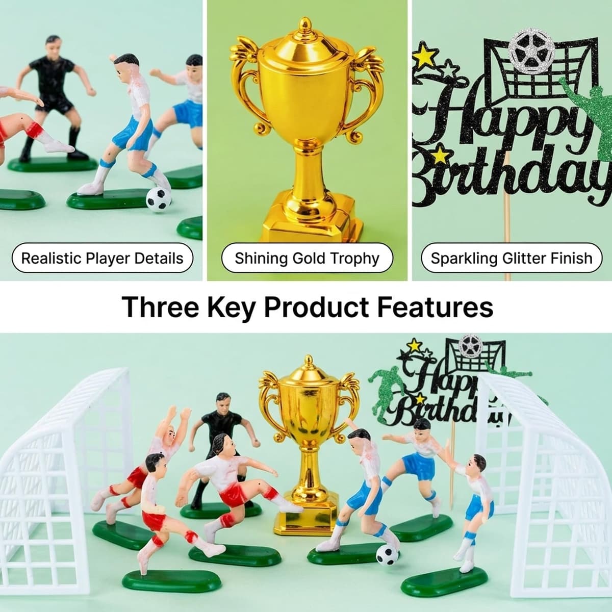 11 PCS Football Cake Toppers, Football Cake Decorations for Birthday Party, Football Birthday Decorations with Team Figures and Trophy, Reusable Sports Theme Cake Accessories for Boys — view 3