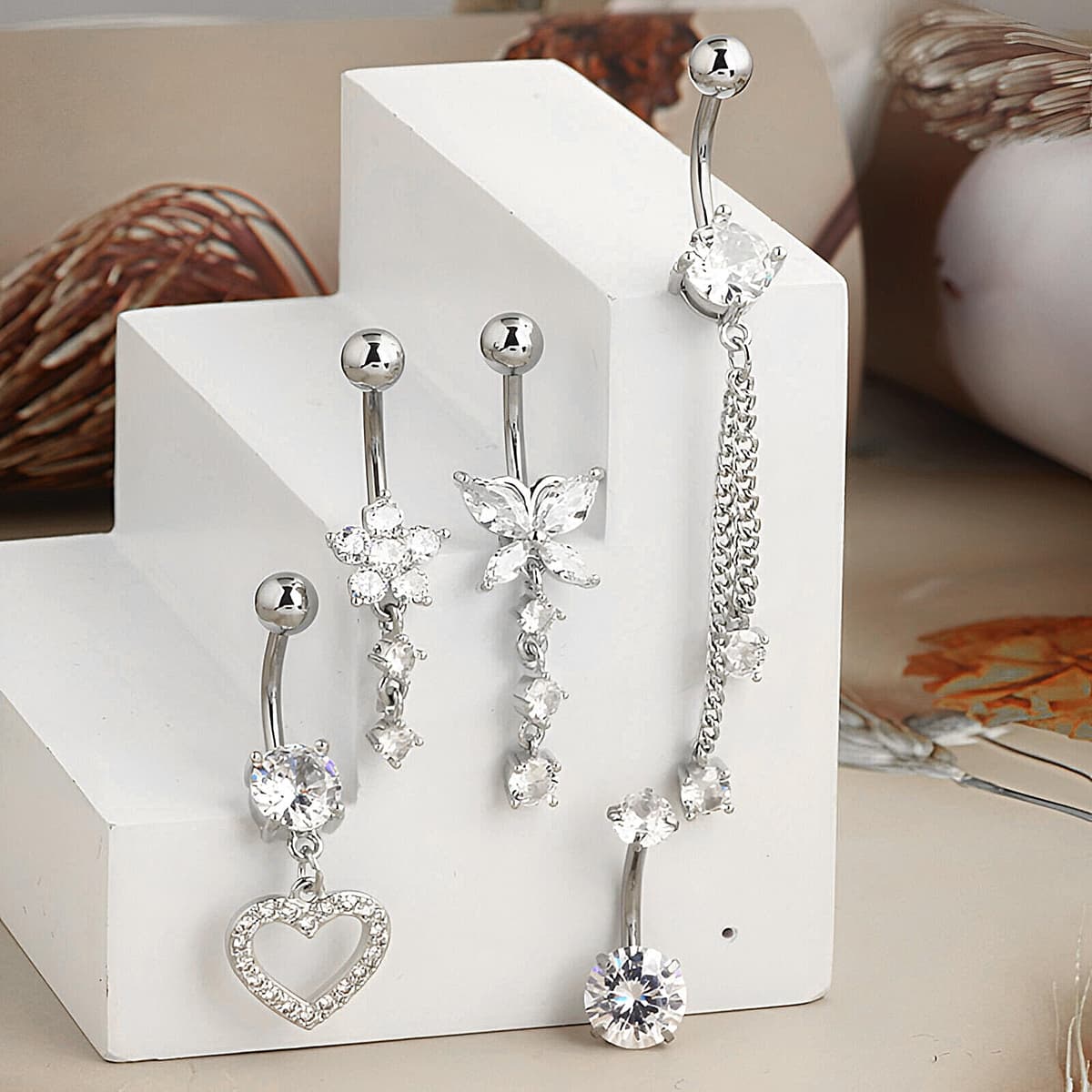 hautllaif 5pcs Belly Button Bars Sterling Silver,Belly Bar 14G Navel Bars,Dangly Belly Button Piercing Jewellery — view 7