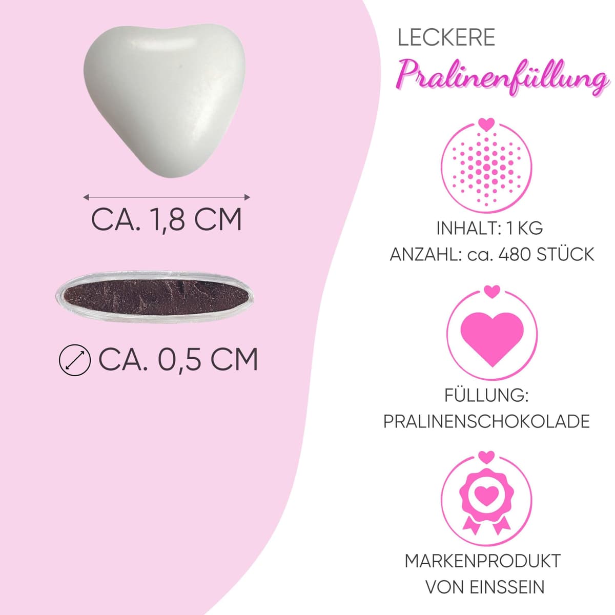 EinsSein 1kg Corazones de Chocolate boda bautizo Mezcla medio blanco-plata brillante corazon amor formas bombones confeti peladillas candy bar cumpleaños niños regalos Tradición italianas botes — view 2