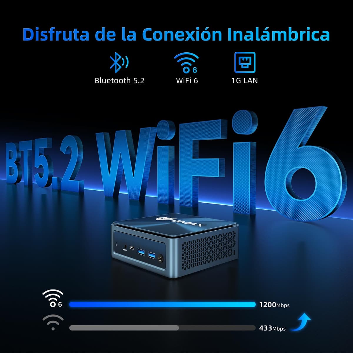 BMAX Mini PC B9Plus Intel Core i5-1235U (hasta 4,4 GHz, 10 C/12T), 24GB LPDDR5, 512 GB NVMe SSD Mini Ordenador de sobremesa, Wi-Fi 6, BT5.2, Triple Pantalla 4K 60Hz, HDMI,Tipo C, DP 1,4a, Micro PC — view 4