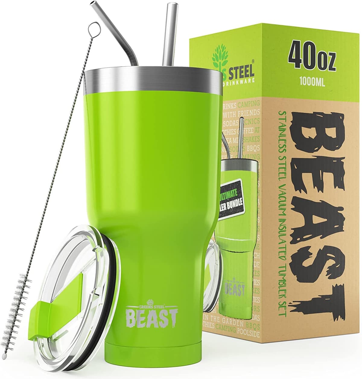 Greens Steel Beast Tumbler – 550 ml (20 oz), Coral | Vaso de acero inoxidable reutilizable con aislamiento al vacío | con 2 pajitas y cepillo de limpieza | Termo de viaje de doble pared — view 84